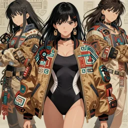 a beautiful boyish cassandra cain alluring gravure model, wearing oversized mayan bomber jacket and leotard with overalls, bulky poofy aztec native style bomber jacket with mayan patterns, gapmoe yandere grimdark, trending on pixiv fanbox, painted by greg rutkowski makoto shinkai takashi takeuchi studio ghibli, akihiko yoshida