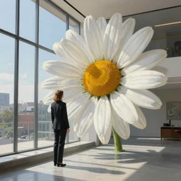 huge daisy flower head, woman in suit, standing next to modern window in luxury loft, surreal photography, sunlight, impressionist painting, digital painting, artstation, simon stalenhag
