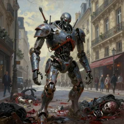 demonic samurai robot on the streets of paris, very detailed painting, concept art, very creepy, pile of bodies, a lot of blood on the streets, art by jakub rozalski
