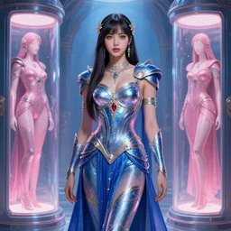 Lalisa Manobal as a beautiful celestial pearlescent Goddess wearing a futuristic lush Greek battlesuit exposed in cryo chambers by James Jean, royal blue and pink theme, intricate, elegant, highly detailed, centered, digital painting, artstation, concept art, smooth, sharp focus, illustration, by Peter Mohrbacher, WLOP