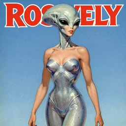 Sci-fi Pulp Magazine Cover illustration of a beautiful Roswell Gray extraterrestrial in a beauty pageant by Mort Kunstler