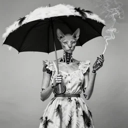 photographic portrait max ernst sad woman hairless cat feathers, robotic, wearing a summer dress, holding an umbrella and a giraffe, spiraling cigarette smoke, editorial