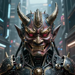 cinematic portrait of a satanic goblin cyborg, wearing ornate oni mask, cyberpunk city background, full face portrait, centered, symmetrical face, atmospheric lighting, intricate, volumetric lighting, cyberpunk, concept art, sharp focus, ultra detailed, concept art by marc simonetti and dan mumford. featured on artstation