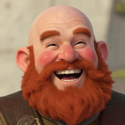 closeup portrait of a dwarven bard, happy, laughing, rosy cheeks, red beard, freckles, art by greg rutkowski