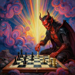 [ style ] [ sharp details ] [ gorgeous oil painting ] [ palate ] [ gothic colors ] satan playing chess in purgatory 👹, checkmate the devil, vibrant paisley neon clouds, radiant light rays, symmetrical details, sharp focus,, hyper realistic, photorealistic painting, award winning painting, volumetric lighting, renaissance style, artstation,