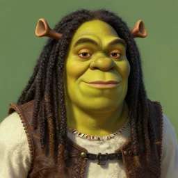 shrek as bob marley, brown skin, highly detailed, digital painting, artstation, concept art, sharp focus, illustration, art by greg rutkowski and alphonse mucha
