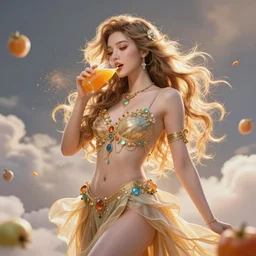 a beautiful female goddess of juice character, character is in all its glory, character is in her natural relaxed pose, rim lights, particles and dust in the air, fancy clouds, highly detailed professional photo, dynamic lights, particles are flying, depth of field, trending on artstation, illustration, hyper realistic, vray caustics, super detailed, colorful accents, cinematic shot