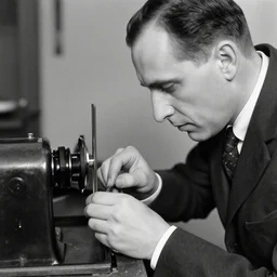 a close - up casual photo of marcel duchamp working on a machine, 1 9 2 0 s monochrome snapshot, graflex 4 x 5, f 1. 8, 3 5 mm, ilford delta 3 2 0 0 pro