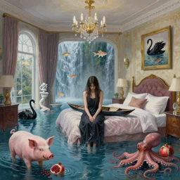 painting of a tall emo girl in her flooded bedroom, pigs, pomegranates, octopus, flooded, floating sculptures, luxury apartment bedroom, art on the walls, fish, zen, waterfall, black swans, canoe, berries, surrealist, by magritte and monet