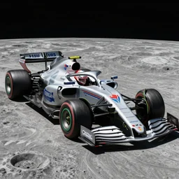 a F1 sports car on the moon, photograph
