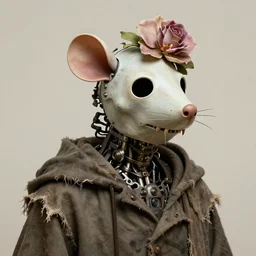 retro biomechanical rat in vintage death beath mask, old tattered robe, giant orchid and rose flowers, pixiv fanbox, dramatic lighting, maximalist pastel color palette, splatter paint, pixar and disney concept, graphic novel by fiona and dustin nguyen, peter elson, alan bean, wangechi mutu, clean cel shaded vector art, on artstation