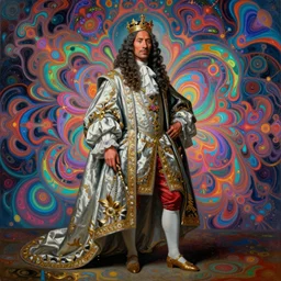 beautiful oil painting, full length portrait of dwayne the rock Johnson as Louis xiv in baroque coronation robes 1701, Dan Mumford, Dan Mumford, Alex grey, hyacinthe rigaurd, highly detailed , lsd visuals, dmt fractal patterns, visionary art, psychedelic art, ornate, vaporwave, baroque, Greg rutkowski