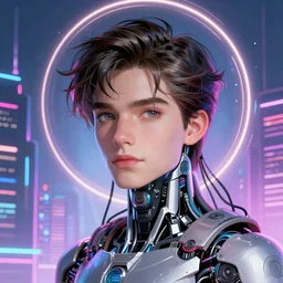 handsome,  young man, cybernetic, cyberpunk, wires, cables, halo, glow, bladerunner city in the background, detailed gorgeous face, flowing hair, vaporwave aesthetic, synthwave , digital painting, artstation, concept art, smooth, sharp focus, illustration, art by artgerm and greg rutkowski and alphonse mucha