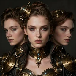 in the style of halim ghodbane, artgerm, beautiful taissa farmiga, elegant pose, middle shot waist up, steampunk full color range, symmetrical face symmetrical eyes, cinematic lighting, detailed realistic eyes, short neck, insanely detailed and intricate elegant