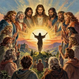 centered detailed landscape, sermon on the mount, jesus in silhouette, art by jean giraud and moebius, realistic, expressive emotions, warm colours