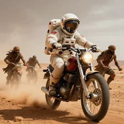 american astronaut driving a motorcycle in mars, tribe members chasing, action scene, an epic fantasy, dramatic lighting, cinematic, establishing shot, extremely high detail, photorealistic, cinematic lighting, artstation, by simon stalenhag, horizon forbidden west