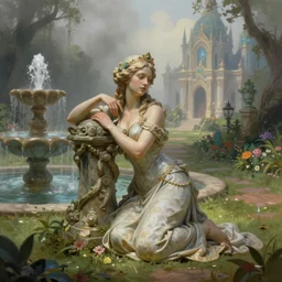 The kneeling statue of a woman in a beautiful garden, next to a fountain and a mystical palace, and all this in a foggy and mysterious atmosphere. Fantasy and concept art, colorful digital painting.