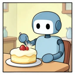cartoon strip, robot bakes a cake, by bill watterson