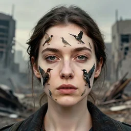 closeup portrait of a woman with birds growing out of her face, standing in a desolate apocalyptic city, by Annie Leibovitz and Steve McCurry, natural light, detailed face, CANON Eos C300, ƒ1.8, 35mm, 8K, medium-format print