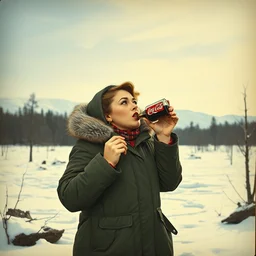 a woman in a parka drinking a bottle of coke in an icy landscape, constructivist, russian, soviet advertisement, 1 9 5 0's