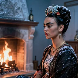 Ice-cold Frida Kalho looking at a fireplace, in the style of Frank Miller