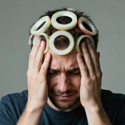 a photograph of a man who is upset because his head is covered in onion rings.