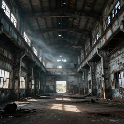 abandoned industrial factory interior, tyndall effect, digital art, trending on artstation