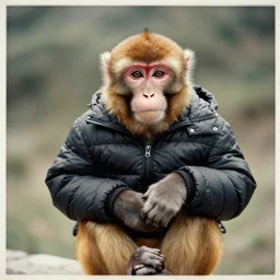 an old photo of a monkey wearing a black puffer jacket