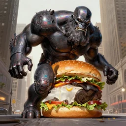 anthropomorphic head in iridescent darkiron giant danny devito stomping new york, intricate, elegant, highly detailed hamburger, wide angle, digital painting, artstation, concept art, sharp focus, illustration, art by artgerm, bob eggleton, michael whelan, stephen hickman, richard corben, wayne barlowe, greg rutkowski, alphonse mucha, 8 k