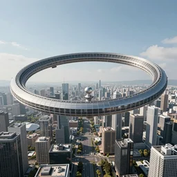 The Apple Parc as a giant ring-shaped space station encircling a modern city floating above the city, the ring is horizontal, surrounding the city, cinematic