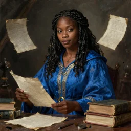 a female dnd wizard's portrait by ray swanland and rhads, black, african, blue robes, papers and tomes