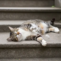 a cat lying on its back on stairs outside, award - winning photography, highly detailed