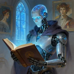 portrait of a robot wizard reading a big book, see - through scalp, glowy blue, window, intellectual, sofisticated, fantasy, highly detailed, digital painting, artstation, concept art, character art, art by greg rutkowski and tyler jacobson and alphonse mucha