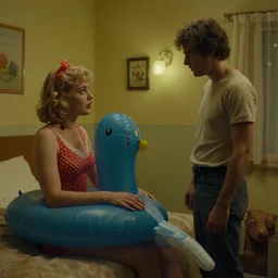 still from a 1980 French film about a depressed housewife wearing an inflatable toy as she meets a handsome younger man in a seedy motel room