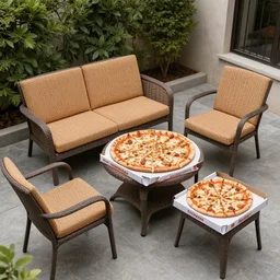 patio furniture composed entirely of pizza, realistic, 8 k,