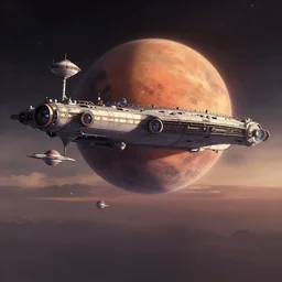 orbital shipyards in mars orbit, wide angle lens, serene evening atmosphere, soft lens, soft light, cel - shading, animation, in the style of cgsociety, deviantart, artstation, zbrush, cinema 4 d, studio ghibli, akihiko yoshida, atelier lulua, masamune shirow