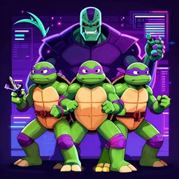 vaporwave, vector graphics, ninja turtles, shredder, synthwave, neon
