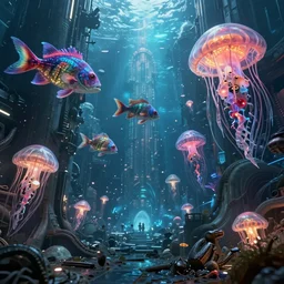 hyperrealistic precisionist cinematic underwater dystopian futurist city ruins with giant bioluminescent multicolored mutant fish and cyborg jellyfish, digital art masterpiece, aykut aydogdu eric zener, very dramatic volumetric light, long shot, ground angle uhd 8 k, deep focus