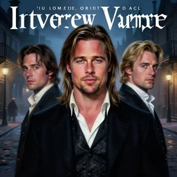 alternate cover art for the movie interview with a vampire starring a long haired brunette brad pitt as louis de pointe du lac portrait, a long haired blonde tom cruise as lestat de lioncourt, face centered, schmuck, regal, confident, unused design, night time, fog, colonial era street, volumetric lighting, realistic illustration, perfectly shaded, soft painting, no text, art by krenz cushart and wenjun lin