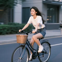a beautiful girl rides a bicycle on the street at dusk