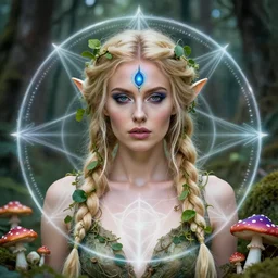 beautiful blonde woman with plaits intertwined with vines, third eye on forehead, forest fae, psychedelic mushrooms, magic, mystical, white witch, photorealistic, portrait, sacred geometry