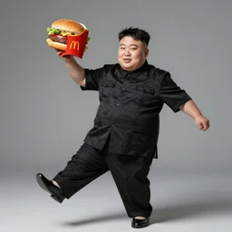 ultra thic kim jong un dancing and holding a mcdonalds hamburger, surreal art, modern, hyperdetailed