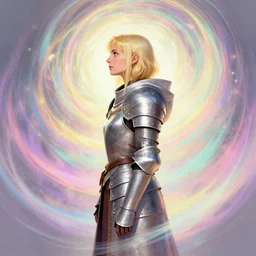 side profile portrait, medium shot, imogen poots, cleric, armour, gloomhaven, colorful swirly magic ripples, pastel colours, by greg manchess, huang guangjian, sachin teng, greg rutkowski, jesper ejsing, ilya kuvshinov