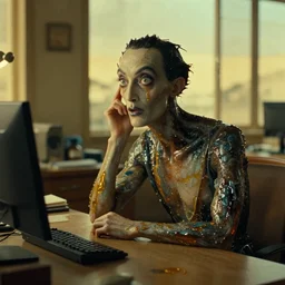 the strange creature at the office that listens to my thoughts, made of oil and water, film still from the movie directed by Denis Villeneuve with art direction by Salvador Dalí, golden hour