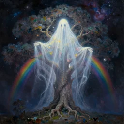 the ghost of the world tree radiates rainbow light into the dark cosmos, epic painting, romanticism, atmospherics