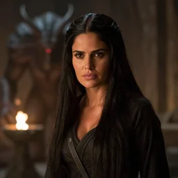 epic photo of salma hayek as beautiful white wizard in lord of the rings with long straight black hair fighting the balrog in the mines of moria, sweaty, detailed eyes, neutral expression, shallow depth of field, photorealistic, cinematic lighting, lovely bokeh, dungeon setting, dark moody light, strong rim light, movie quality, fire light, lord of the rings 1 9 8 5, movie still