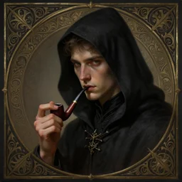 young shadow mage male, holding a tobacco pipe, shrouded face, deep focus, d & d, fantasy, intricate, elegant, highly detailed, digital painting, artstation, concept art, matte, sharp focus, illustration, hearthstone, art by artgerm and greg rutkowski and alphonse mucha