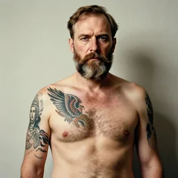 president harry truman a man with a beard and no shirt standing in front of a wall, a tattoo by hendrik van steenwijk i, featured on cg society, mannerism, masculine, handsome, tattoo