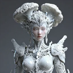 intricate higly detailed and realistic textured ultra sharp focus 3 d render of a beautiful porcelain cyberpunk woman portrait, cinematic medium shot portrait, unity of mood, white silver armor, haute couture huge fractal mycelum and crystal pore fungi embroidered head ornaments, alexandre ferra mecha, gundam, art nouveau, leaves stems filigree roots, subsurface scatter bright light, lumiol, octane render, volumetric cinematic lighting, 8 k, vray tracing