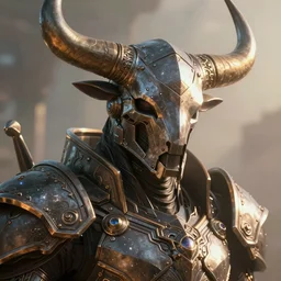 a close up portrait of a shadow templar wearing a massive taurus headpiece with angular shape design, majestic and futuristic, high detail, cyber - medieval, ornate metal, unreal engine, octane render, art by vitaly bulgarov artstation, destiny concept art, fog volumes, pinterest hard surface, vibrant dual tone lighting!!!, cgsociety